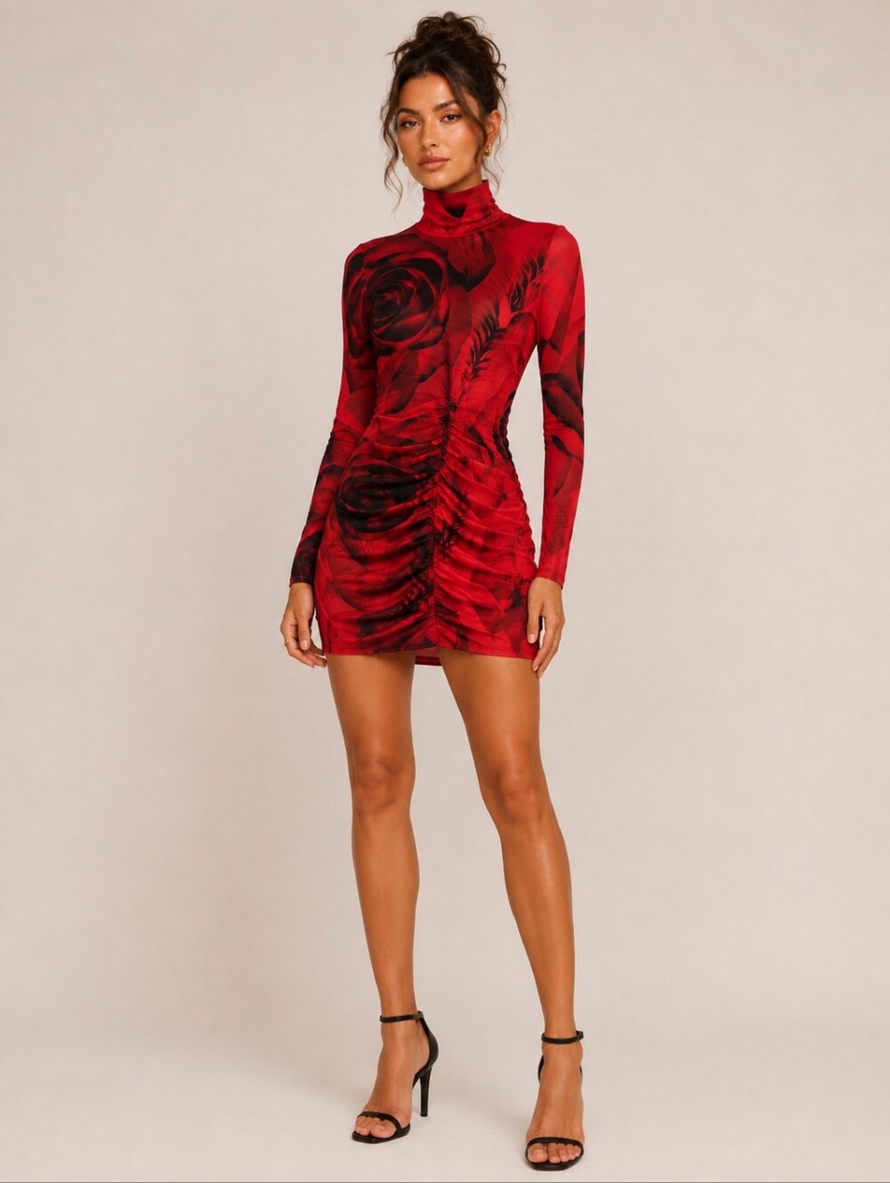 AFRM Red Printes Ruched Mini Dress In Organic Rose New Size M